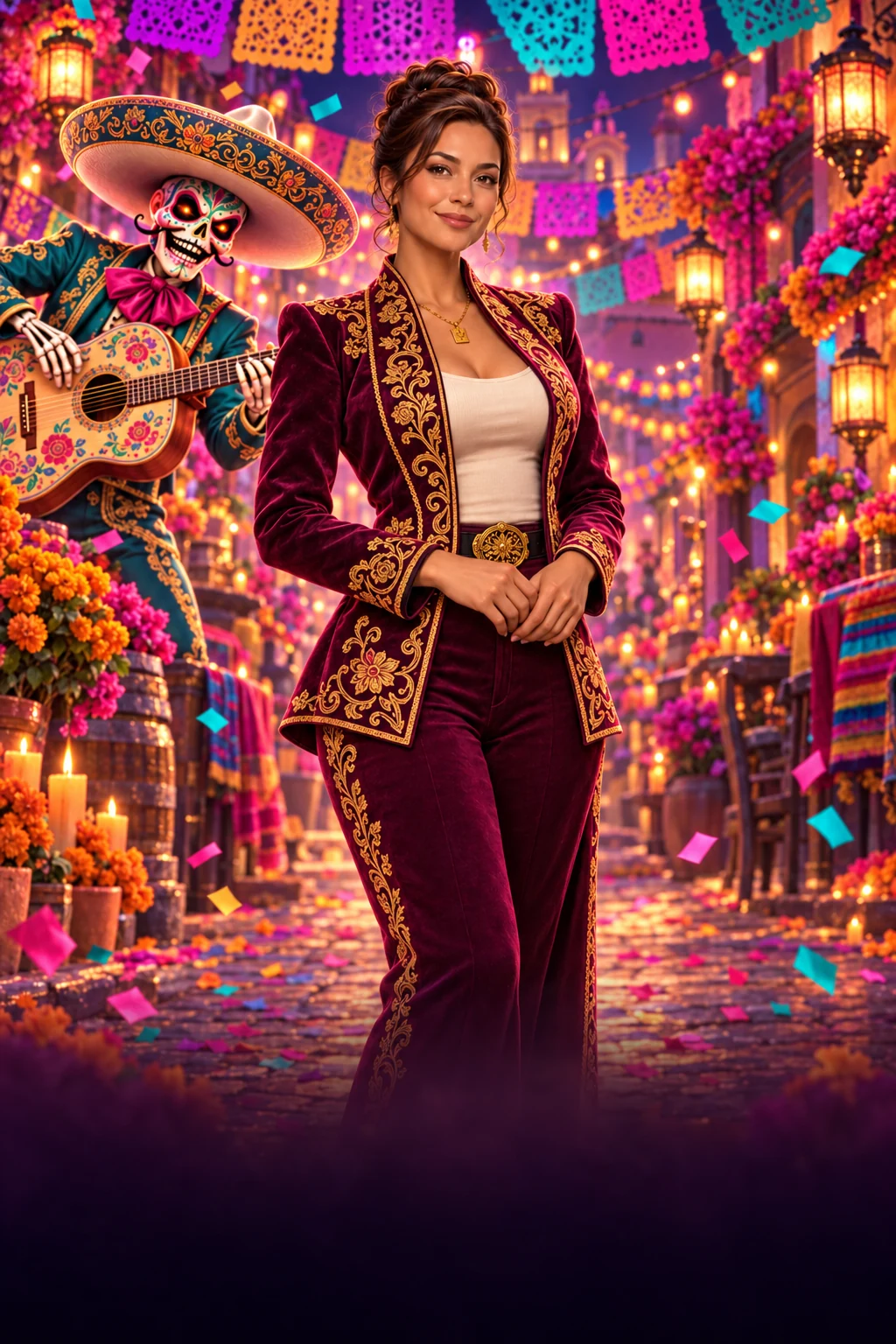 Teresa com traje bordado em magenta e ouro, ao lado de um músico esqueleto com guitarra, em uma rua festiva com bandeirinhas coloridas